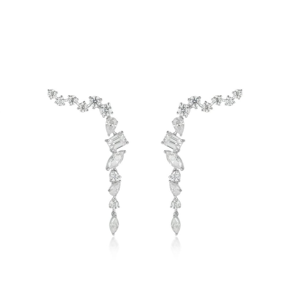 Multi Shape 26 Diamonds 18K White Gold Ear Climber Earrings